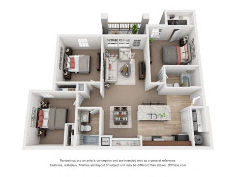 Floor plan for 3 beds, 2 baths, 1230 sqft